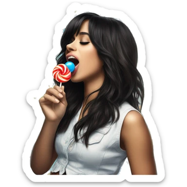 singer Camila Cabello in her CXOXO album cover, licking a blue lollypop sticker