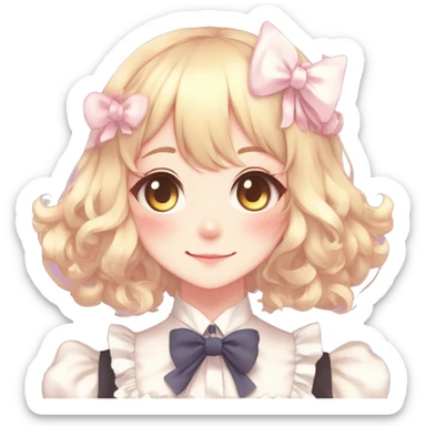 Gorgeous anime style catlady with blushing face with maid outfit bow tie idol model cottagecore shiny colorful pearly petite simplistic aesthetic trending style sticker