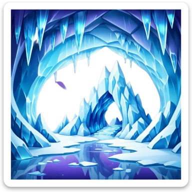 A breathtaking ice cave glowing with blue light, featuring smooth, curved walls made entirely of translucent ice. The interior reflects shimmering shades of blue and purple, with natural light filtering through the frozen surface. Realistic detail, cinematic lighting. sticker