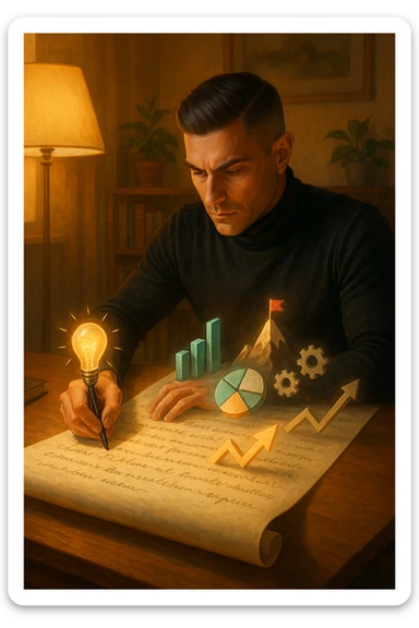 Un uomo concentrato, seduto alla sua scrivania in una stanza con luce calda, sta scrivendo su un enorme foglio di carta che si espande magicamente davanti a lui. Mentre scrive, le parole si trasformano in elementi visivi tridimensionali che rappresentano le soluzioni ai suoi problemi in italiano sticker