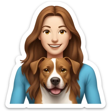 white woman with long brown hair expressing joy dressed in a yoga outfit alongside a pitbull dog sticker