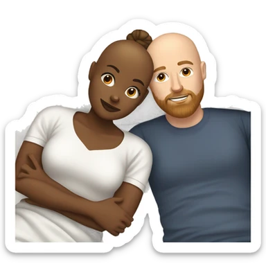 Bald brown woman and bearded white man with a top knot laying in bed together  sticker