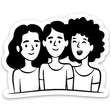 Three women with curly hair standing together, two with shoulder-length black curly hair and one with short black curly hair sticker