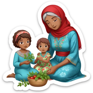 intergenerational moment between a Arab grandmother and her granddaughter, deeply rooted in tradition. The young woman, dressed in a beautiful blue kaftan, sits on the floor carefully picking fresh herbs or greens, while the grandmother, wearing a red headscarf and floral dress, gently guides her. sticker