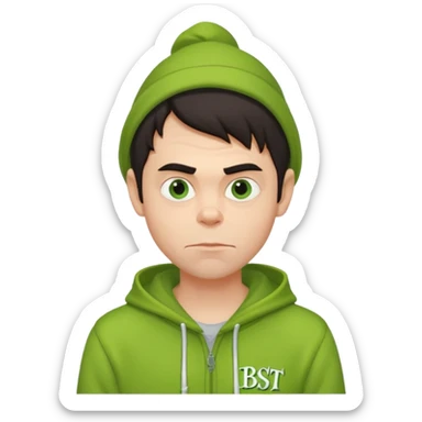 Create an avatar of white European with dark hair  male in hoodie with ``BST`` letters on it. Make background to look like from movie Grinch sticker