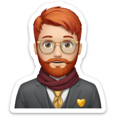 gray scarf, male,  beard, red hair, with suit, gold glasses sticker