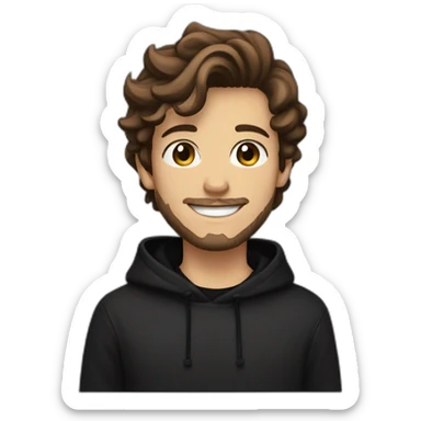 young man with short beard smiling medium long rockabilly style brown hair with light skin and dark brown eyes wearing black sweatshirt hoodie sticker