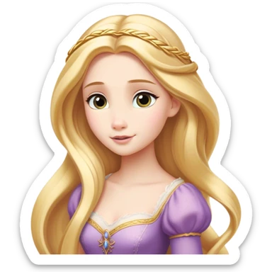 Cinematic Timeless Rapunzel Portrait Emoji, rendered in a clean, vector style. Depict Rapunzel with porcelain skin, beautifully styled long golden hair, and a serene, graceful expression, dressed in her classic gown. The design features bold, clean lines, a soft, magical glow, and a subtle glowing outline that captures her timeless, fairy-tale beauty. sticker