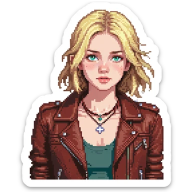 14-year-old girl with choppy blonde hair, longest layers to armpits, shortest at mouth, middle part, light freckles, blue eyes, slightly defined cupid's brow, tight dark red top, brown leather jacket, necklaces sticker
