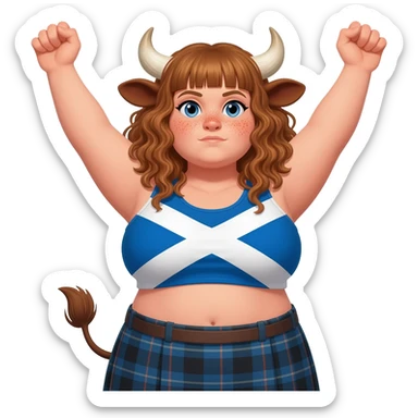big buff curly woman with blue eyes with frecles with light brown messy hair with straight bangs with brown cow tail with fat thights with cow horns and cow brown ears with extra large breasts dressed in crop top with scottish flag stretches her arms up sticker