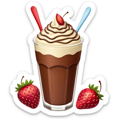 Un vaso cubierto de chocolate que arriba se vea crema batida fresas y mym sticker