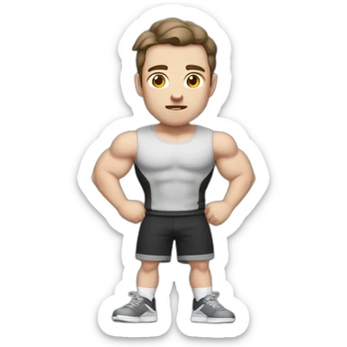 Confused Pale skinned Fit Man With the biceps and dark brown hair in black shirt, gray sports shorts and white Sneakers sticker