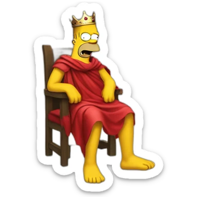 Half body portrait of homer simpson wearing a red cloth and a crown and sitting in a thorn sticker