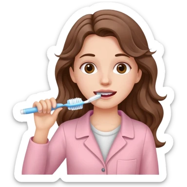 A white girl with long brown wavy hair in pale pink clothes brushes her teeth sticker
