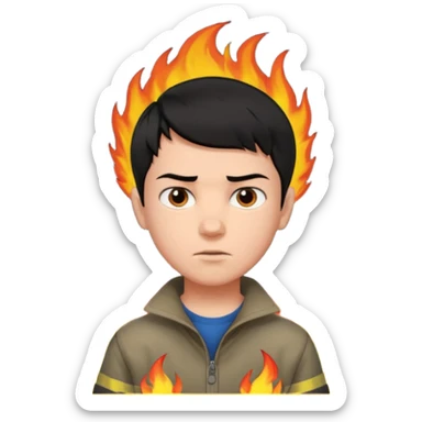 boy with short black hair, fire, risk-taker, realist sticker