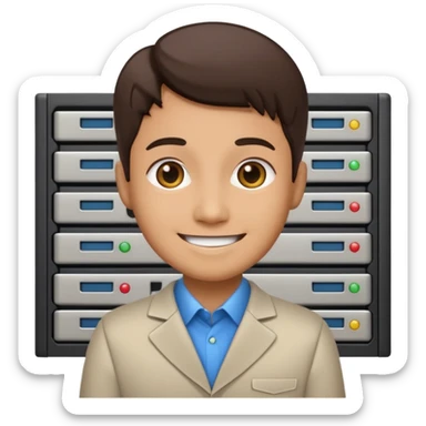 Add a server rack behind the system administrator in the emoji style, keeping the original style consistent and clear. sticker