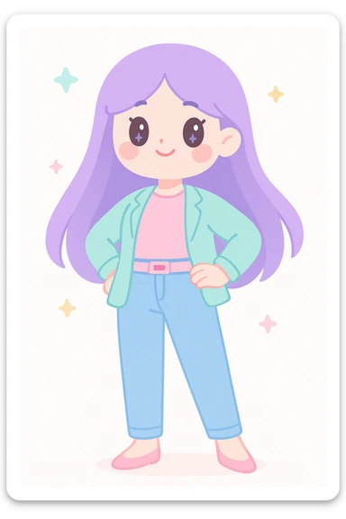 lady with long straight purple hair, confident pose, contemporary fashion, vibrant colors sticker