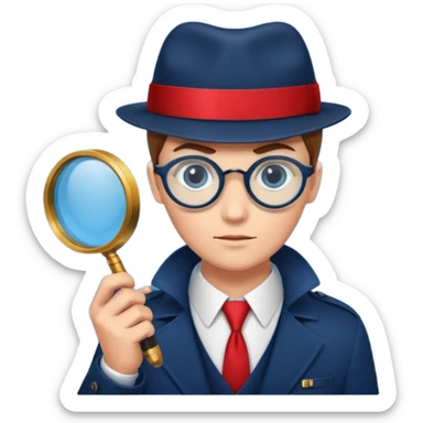 A secret agent holding a magnifying glass and code cards, spy theme, detective style, mysterious atmosphere, red and blue color scheme sticker