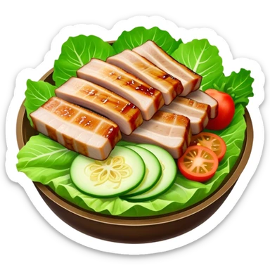 Samgyeopsal Cinematic Realistic Samgyeopsal Dish Emoji, depicted as slices of grilled pork belly served in crisp lettuce leaves with assorted fresh vegetables, rendered with dynamic textures and appetizing, natural lighting. sticker