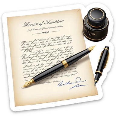 Icon for Autograph Collecting: a signature on a piece of paper with a vintage fountain pen beside it, and a collection of autographed photos or memorabilia in the background. The icon should convey the passion for collecting famous signatures. Transparent background. sticker