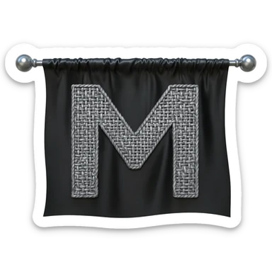 ...Minimalist 3D isometric render based on image_1.png: a large, sharp, geometric letter 'M' woven with matte steel-grey thread central on the draped black silk flag. Polished steel pole, pure white background for sticker quality --no background sticker