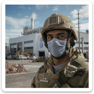 Realistic Volkswagen factory exterior, large industrial building with Volkswagen logo, parking lots filled with cars, factory grounds with machinery and equipment, realistic lighting and shadows, industrial atmosphere, workers in uniforms walking around, camouflage colors sticker