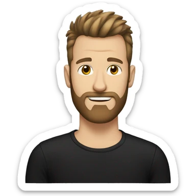 White guy, fauxhawk haircut, brown hair, wearing black tshirt, beard sticker