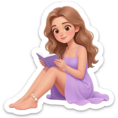 detailed emoji scene of a woman with long light brown wavy hair and light brown eyes reading a book on the beach, wearing a pastel purple dress, seashell anklet on her ankle, peaceful ocean background, relaxed summer atmosphere, emoji style illustration sticker