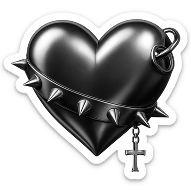 an orange heart with goth accessories, chrome style, shiny and metallic sticker