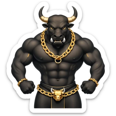 The emoji is an angry black powerful bull with steam coming out of its nose and a gold chain hanging from its neck with the inscription - bull run sticker