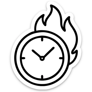 minimal outlined icon of a round clock with vivid flames sticker