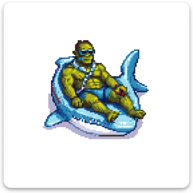 orc male lounging in a shark floatie, oversized sunglasses, whistle on neck cord, pixel art style sticker
