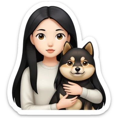 A girl with long black straight hair holding a black Shiba Inu sticker