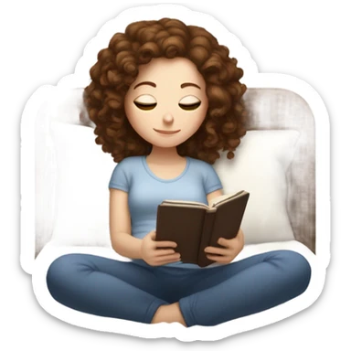 White girl with curly brown hair reading on kindle laying in bed sticker