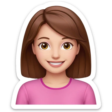 brown hair woman with pink outfit and happy face sticker