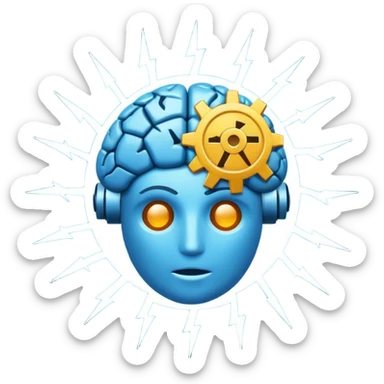 modern minimalistic emoji-style icon with a brain, a gear, and a lightning bolt intertwined, symbolizing fast smart innovative digital meetings about AI and productivity, clean colorful expressive recurring tech session logo sticker