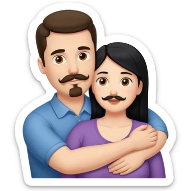 Couple, Tall strong white man with brown mustache goatee hugging a chubby short pale woman with long black hair sticker