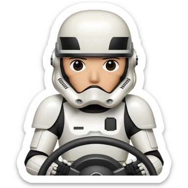 ["Stormtrooper helmet driver, white armor, hands on steering wheel."] sticker