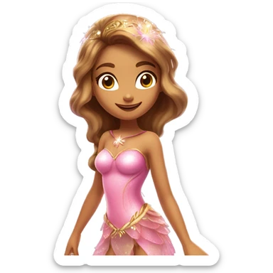 Flora the adult latina fairy of nature in her enchantix fairy pink clothing and fairy enchantix wings and long light brown hair from winx club. Small eyes, Lots of sparkles and fairydust   sticker