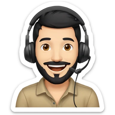 laughing man with black hair, brown eyes, black beard wearing gaming headset sticker