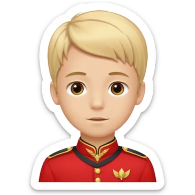 SARI SAÇLI SAÇININ YARISI SOLA DOĞRU DİĞERİNİN SAĞ TARAFTA AMA DÜZ DURAN KAHVERENGİ GÖZLÜ UZUN KİRPİKLİ BUĞDAY RENKLİ KIRMIZI ÜNİFORMALI BİR ERKEK ÇOCUK sticker