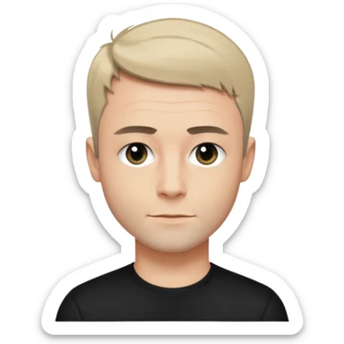 Oliver Riedel, cool, collected vibe, short hair, black shirt sticker