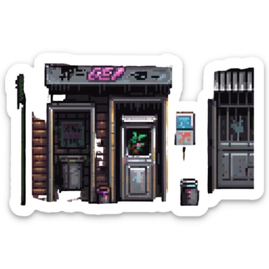 Pixel art background in side-scrolling view, inspired by classic Sega fighting games. Dark urban street in front of an old brick building, with graffiti, broken windows, metal door, trash cans, flickering neon sign, and a streetlamp. Gritty atmosphere, nighttime, subtle rain puddles on the ground. sticker