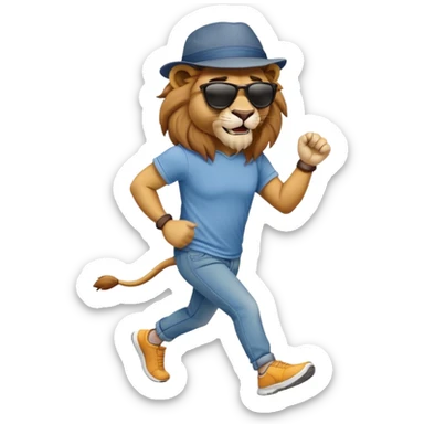 friendly anthropomorphised lion in jeans and a t-shirt, wearing dark sunglasses and a hat, jogging upright in standard pose sticker