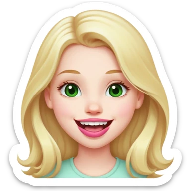 Young girl with pale skin, full pink lips smiling, blonde reddish long hair, big brown eyes with a hint of green, big mouth sticker