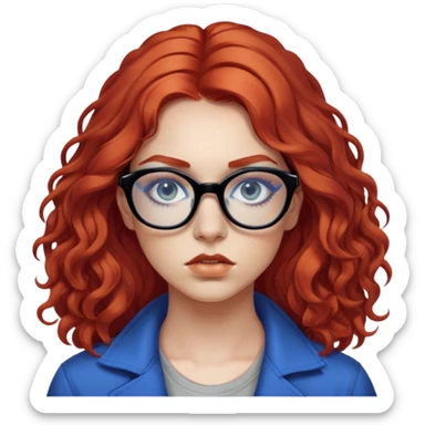 Nữ 25 tuổi, da trắng, tóc dài xoăn nhẹ màu đỏ, gọng kính màu đen, mắt kính màu xanh dương , mặt nghiêm túc, lông mi dài, trang điểm khá đậm, áo phong cách hiphop sticker