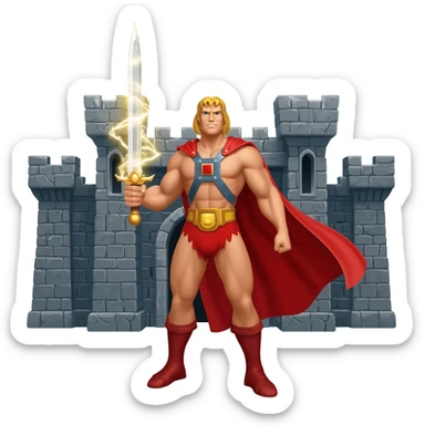 He-man in red cape holding up sword towards sky in front of grayskull castle with power color shooting from sword sticker