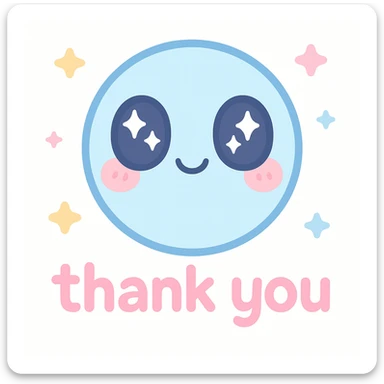 kawaii style emoji with sparkling eyes and 'thank you' text sticker