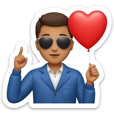 man with sun glasses holding red heart balloon sticker