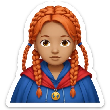 red orange braids hair girl, tan skin, fat, wear blue cloak sticker